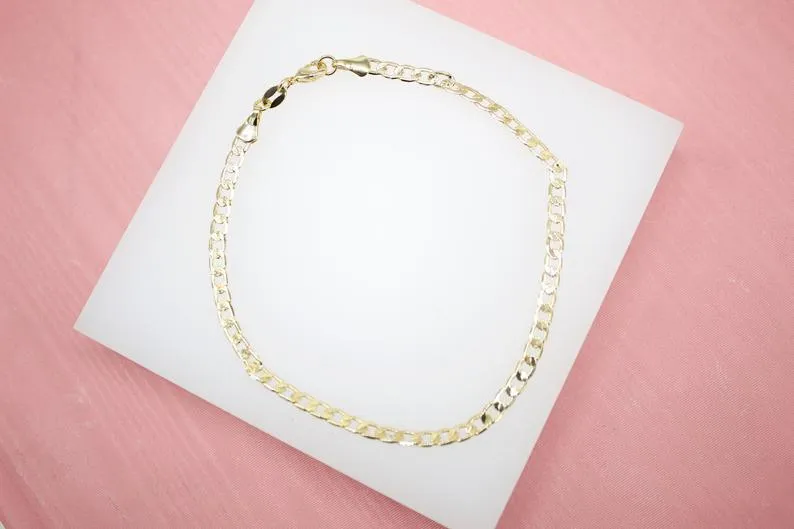 18K Gold Filled 3mm Flat Curb Cuban Bracelet Chain (I263)