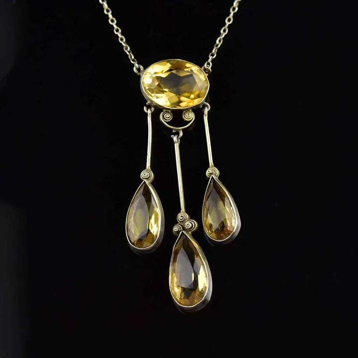 Antique Citrine Vintage Drop Necklace - 925 Sterling Silver