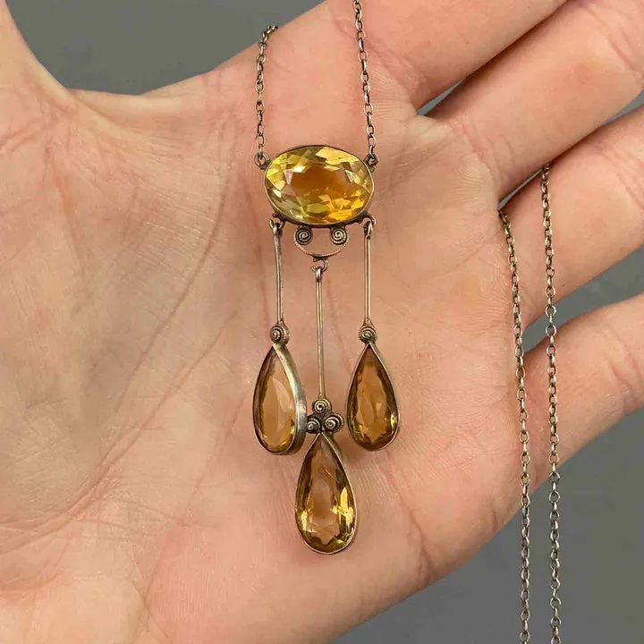 Antique Citrine Vintage Drop Necklace - 925 Sterling Silver