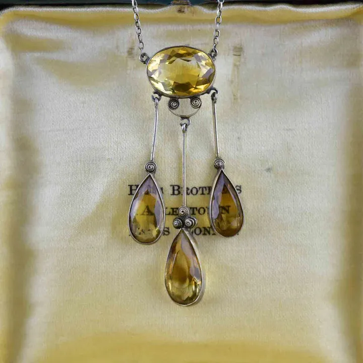 Antique Citrine Vintage Drop Necklace - 925 Sterling Silver