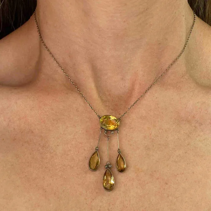 Antique Citrine Vintage Drop Necklace - 925 Sterling Silver