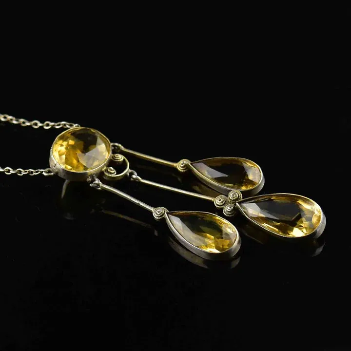 Antique Citrine Vintage Drop Necklace - 925 Sterling Silver