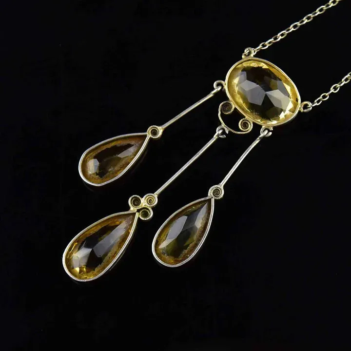 Antique Citrine Vintage Drop Necklace - 925 Sterling Silver