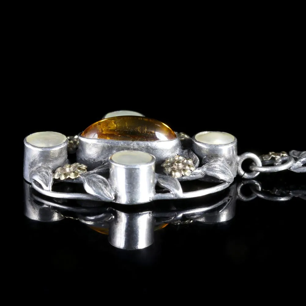 Arts Crafts Silver Blister Pearl Citrine Pendant Necklace Circa 1900
