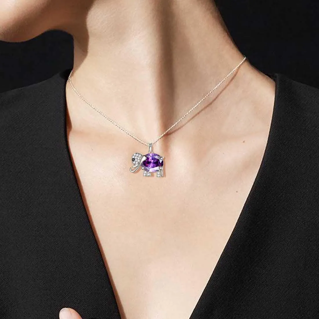 Elephant Birthstone February Amethyst Necklace Pendant Women Girls Jewelry Birthday Gift