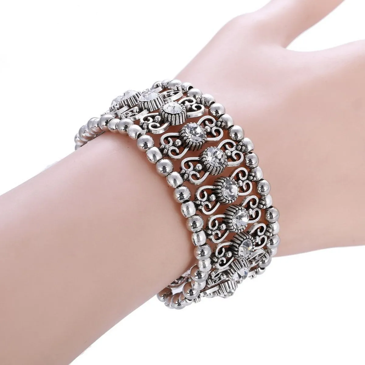 Filigree Tribal Afghani Oxidised German Silver Stretch Bracelet Women