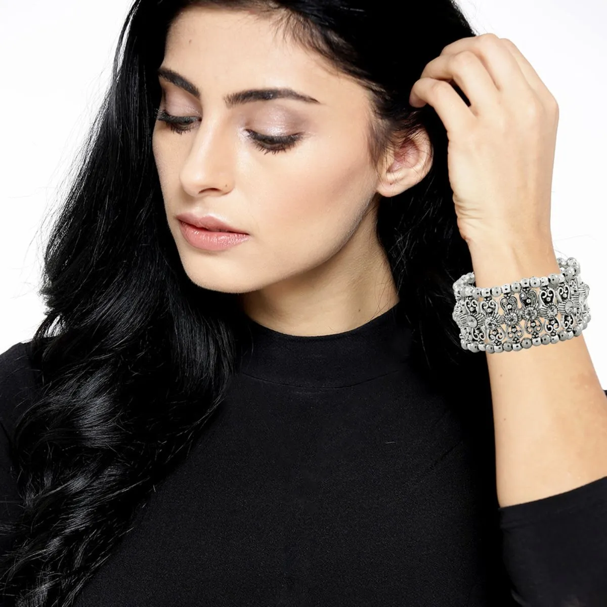 Filigree Tribal Afghani Oxidised German Silver Stretch Bracelet Women