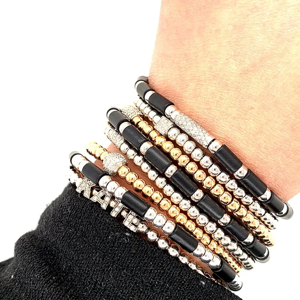 Gold & Black Onyx Diamond Bar Stretch Bracelet