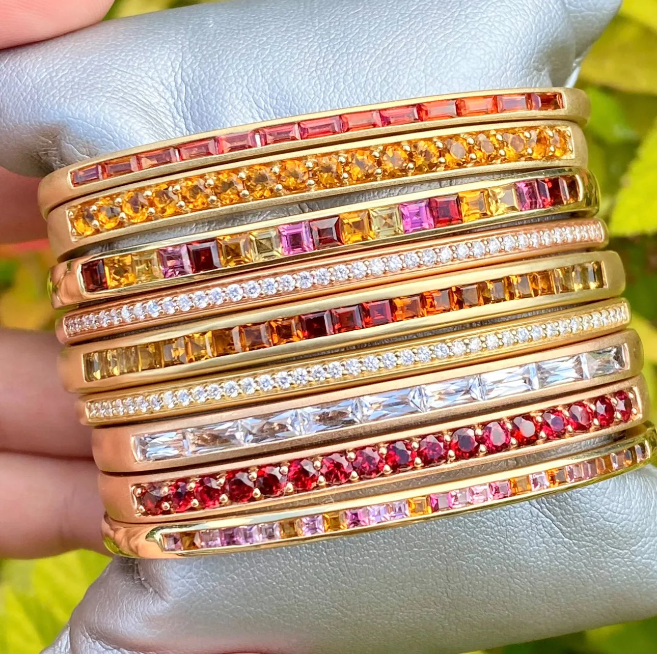 Hinged Oval Cuff Bracelet with Ombre Citrine & Red Garnet Squares