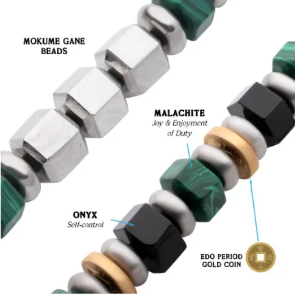 Men's 8mm Mokume Gane, Malachite and Onyx Beads Bushido Virtue Bracelet, 8.25"