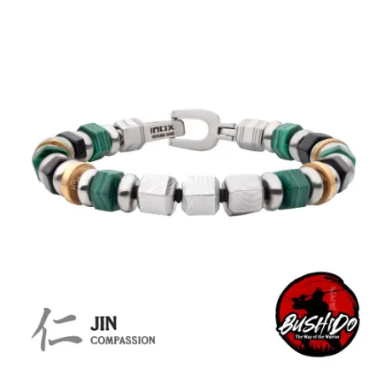 Men's 8mm Mokume Gane, Malachite and Onyx Beads Bushido Virtue Bracelet, 8.25"