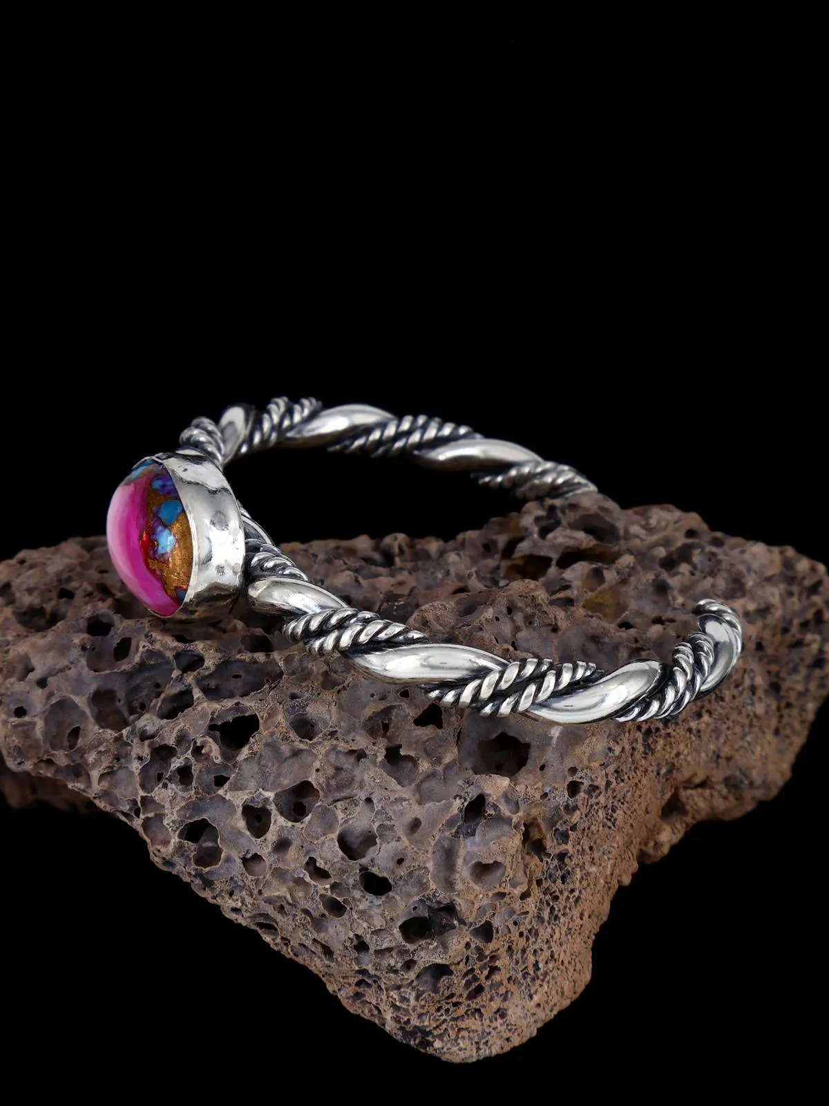 Navajo Compressed Spiny Oyster and Turquoise Braided Sterling Silver Cuff Bracelet