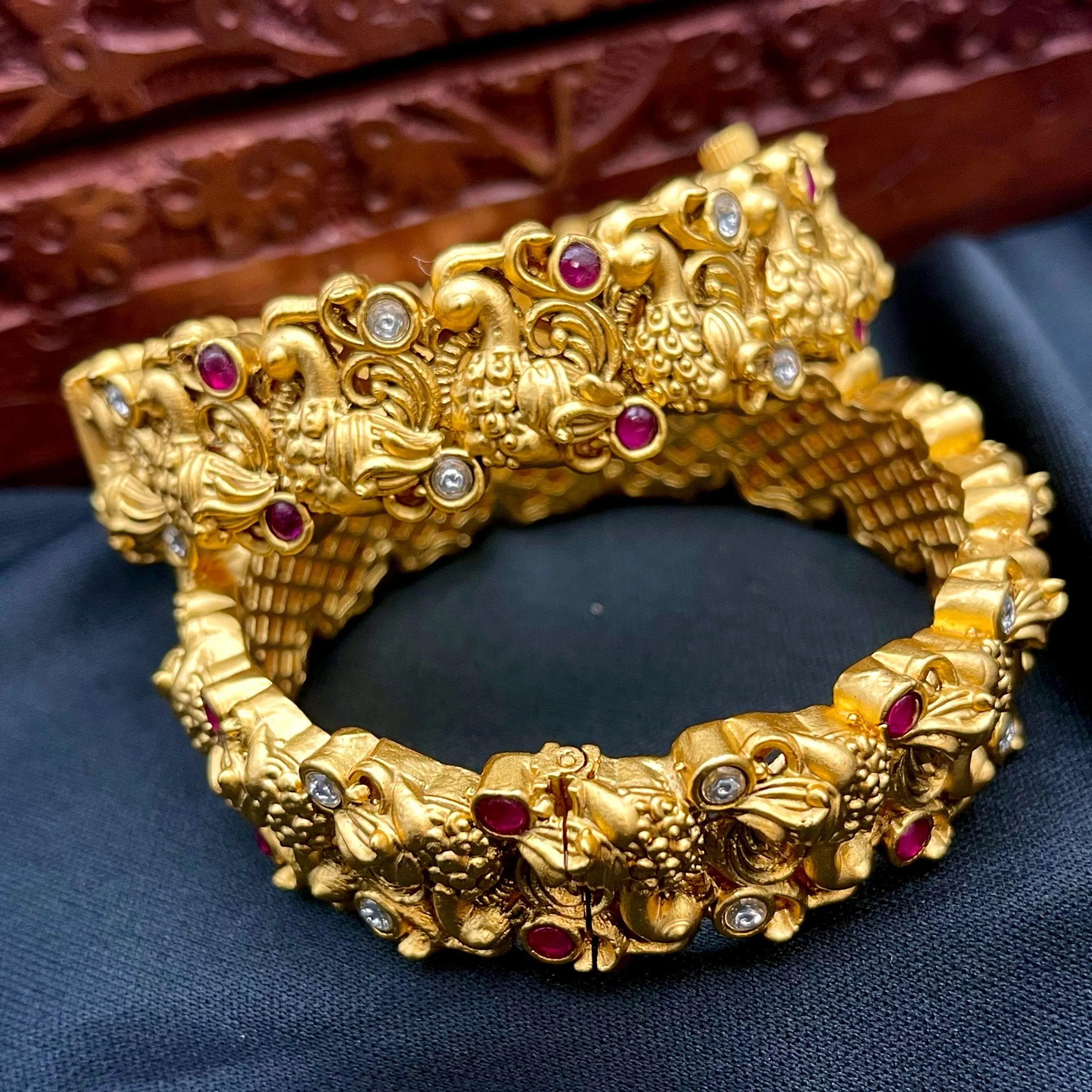 Rajwadi Peacock Gold Finish Openable Kemp Bangle