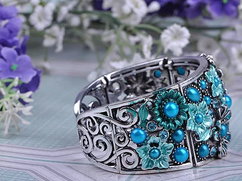 Sapphire Painted Flower Teal Teardrop Cuff Bangle Bracelet