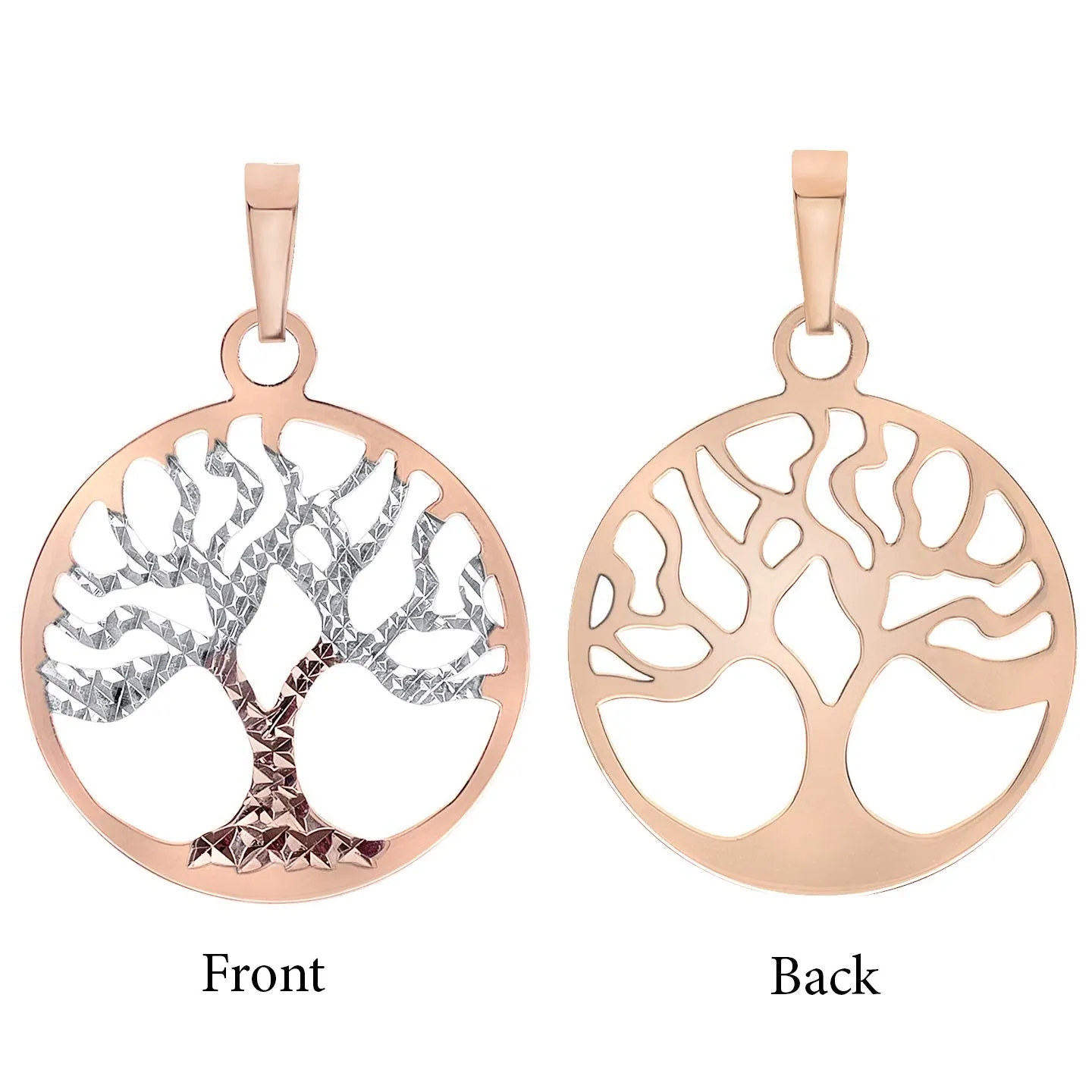 Solid 14k Gold Textured Reversible Round Tree of Life Pendant Necklace - Rose Gold