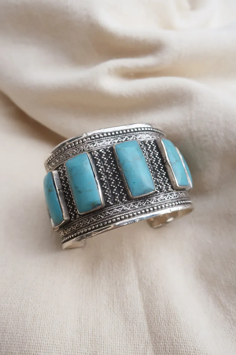 Turkish Silver Plated Brass Bangle with a Reconstituted Turquoise Sequence