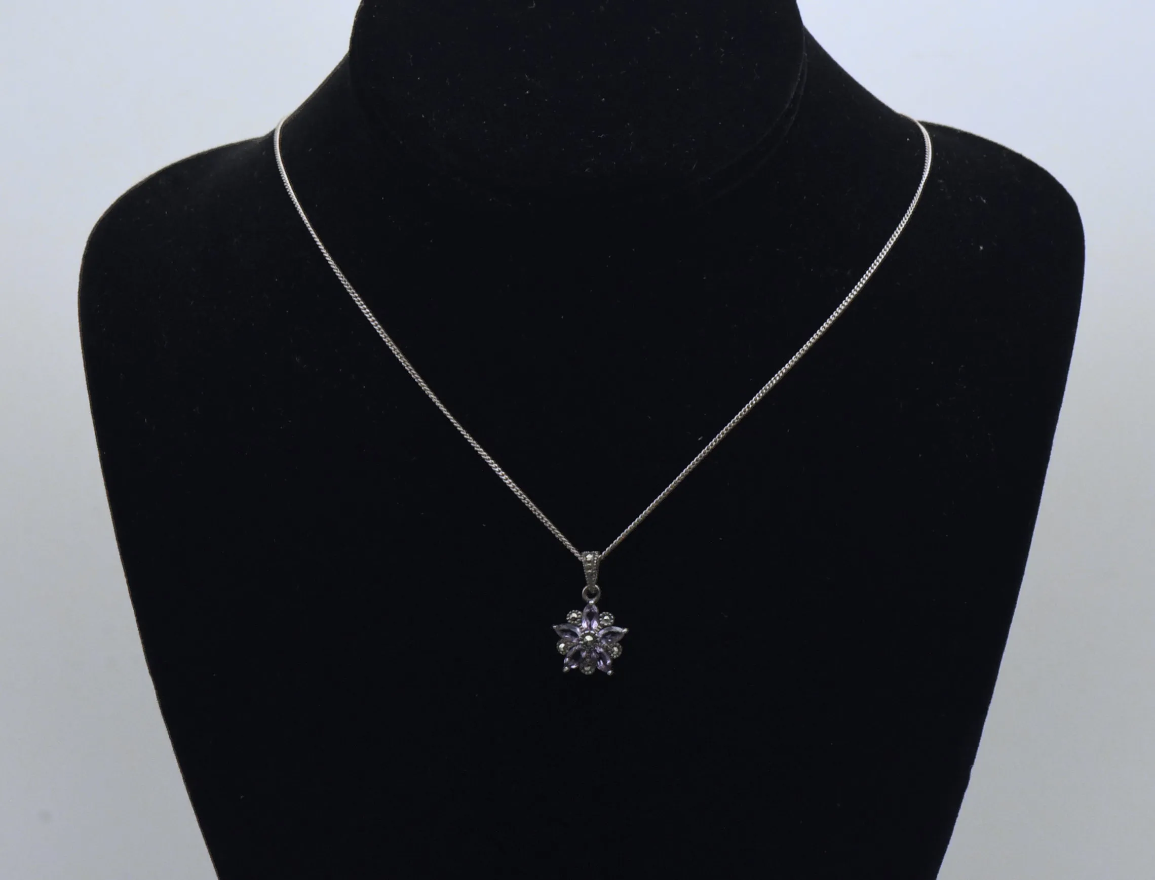 Vintage Amethyst and Marcasite Sterling Silver Floral Pendant on Sterling Silver Chain Necklace - 19.25"