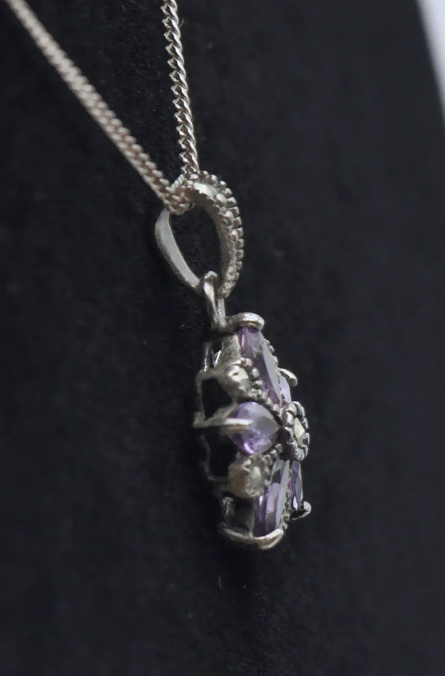 Vintage Amethyst and Marcasite Sterling Silver Floral Pendant on Sterling Silver Chain Necklace - 19.25"