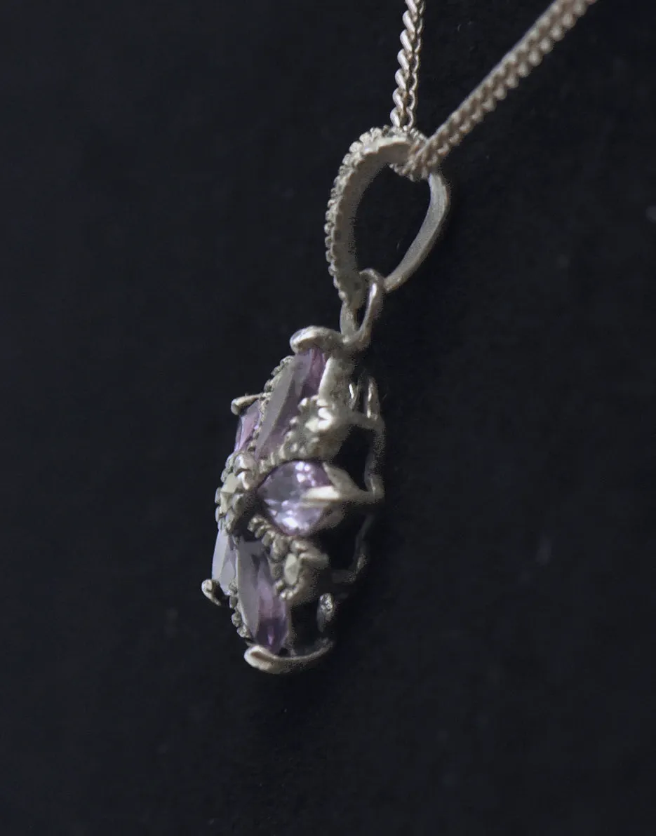 Vintage Amethyst and Marcasite Sterling Silver Floral Pendant on Sterling Silver Chain Necklace - 19.25"
