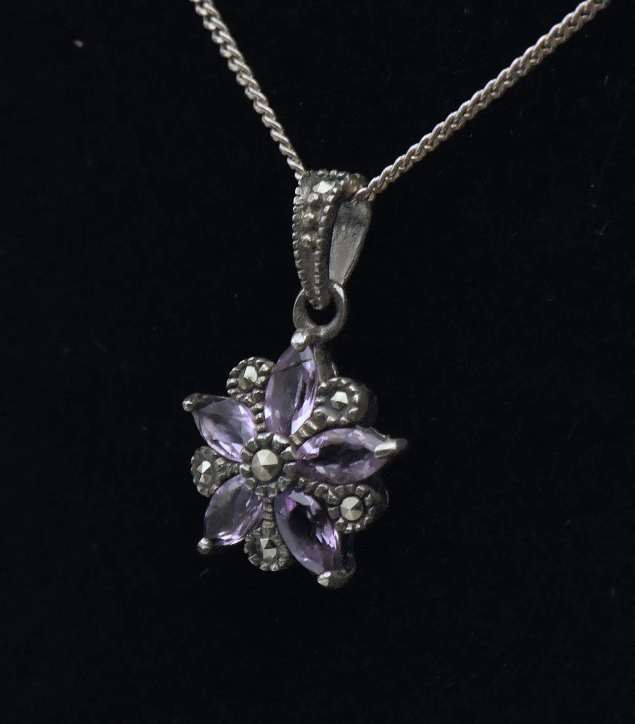 Vintage Amethyst and Marcasite Sterling Silver Floral Pendant on Sterling Silver Chain Necklace - 19.25"
