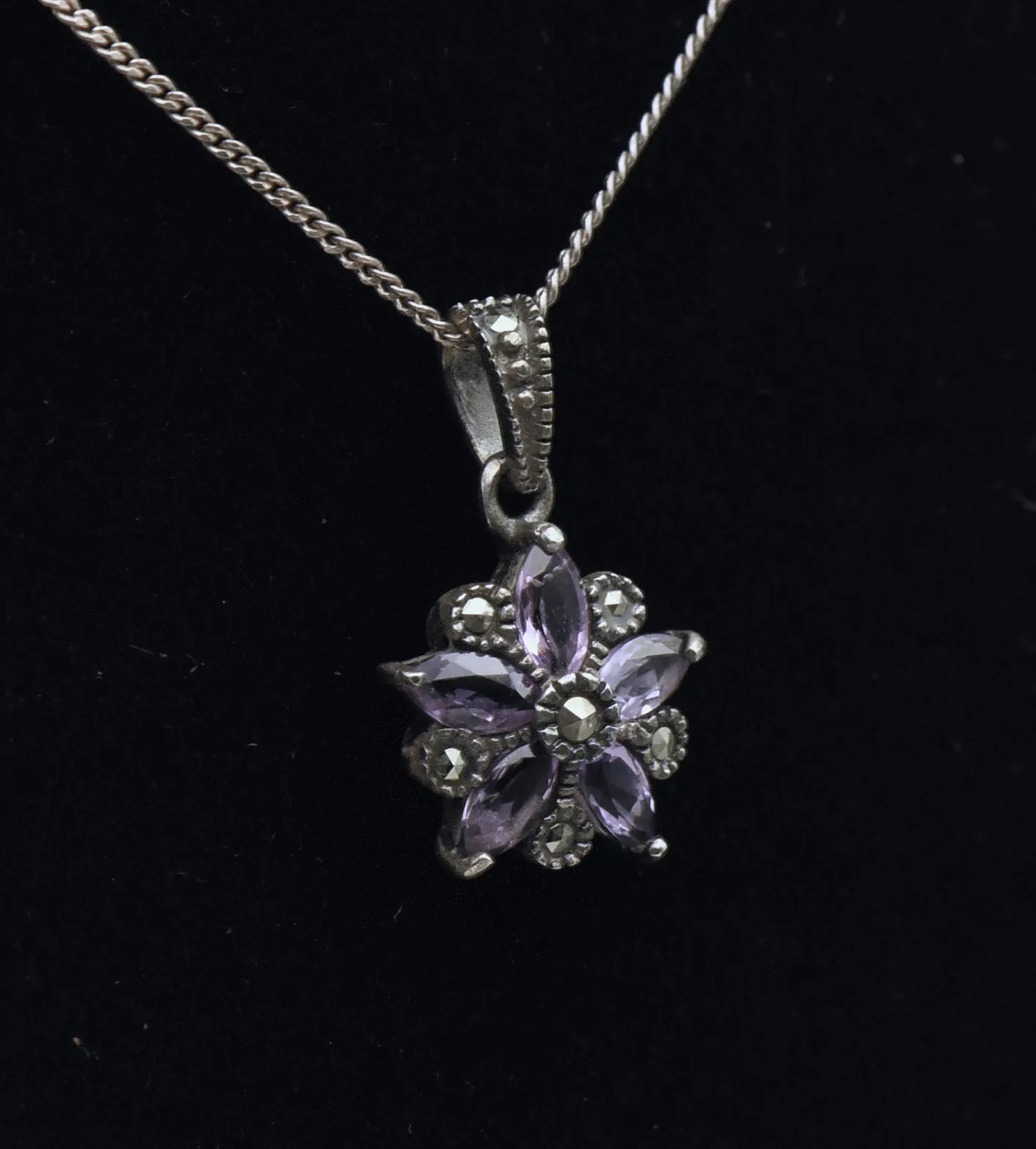 Vintage Amethyst and Marcasite Sterling Silver Floral Pendant on Sterling Silver Chain Necklace - 19.25"