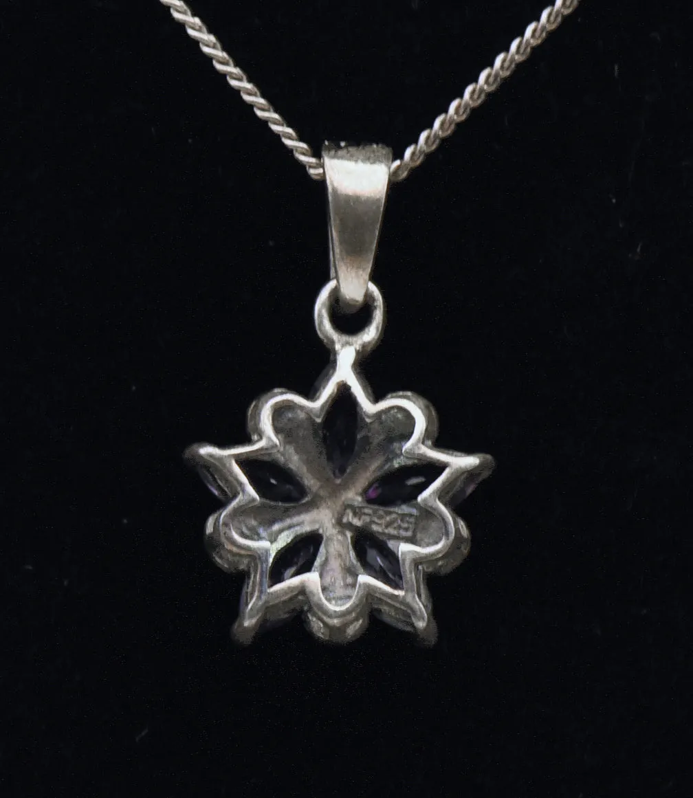 Vintage Amethyst and Marcasite Sterling Silver Floral Pendant on Sterling Silver Chain Necklace - 19.25"