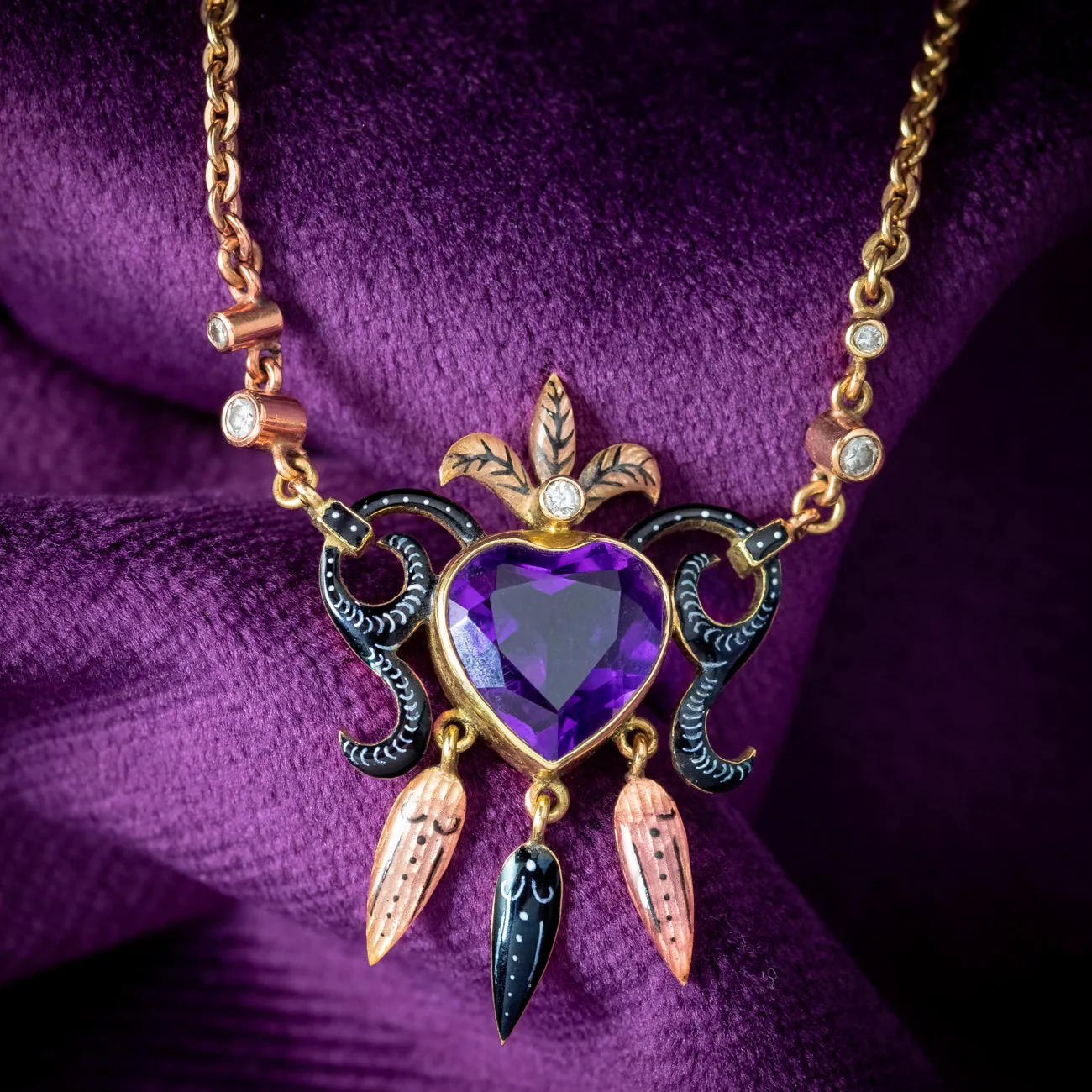 Vintage Amethyst Heart Diamond Enamel Necklace 18ct Gold Dated 1978