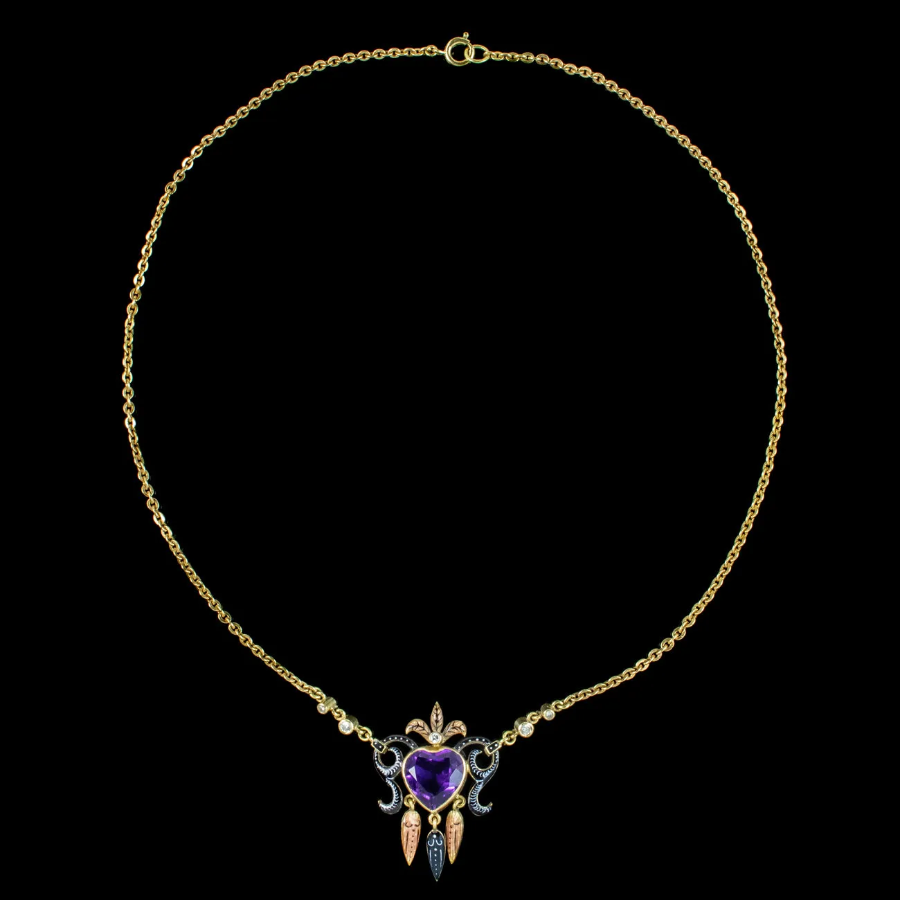 Vintage Amethyst Heart Diamond Enamel Necklace 18ct Gold Dated 1978