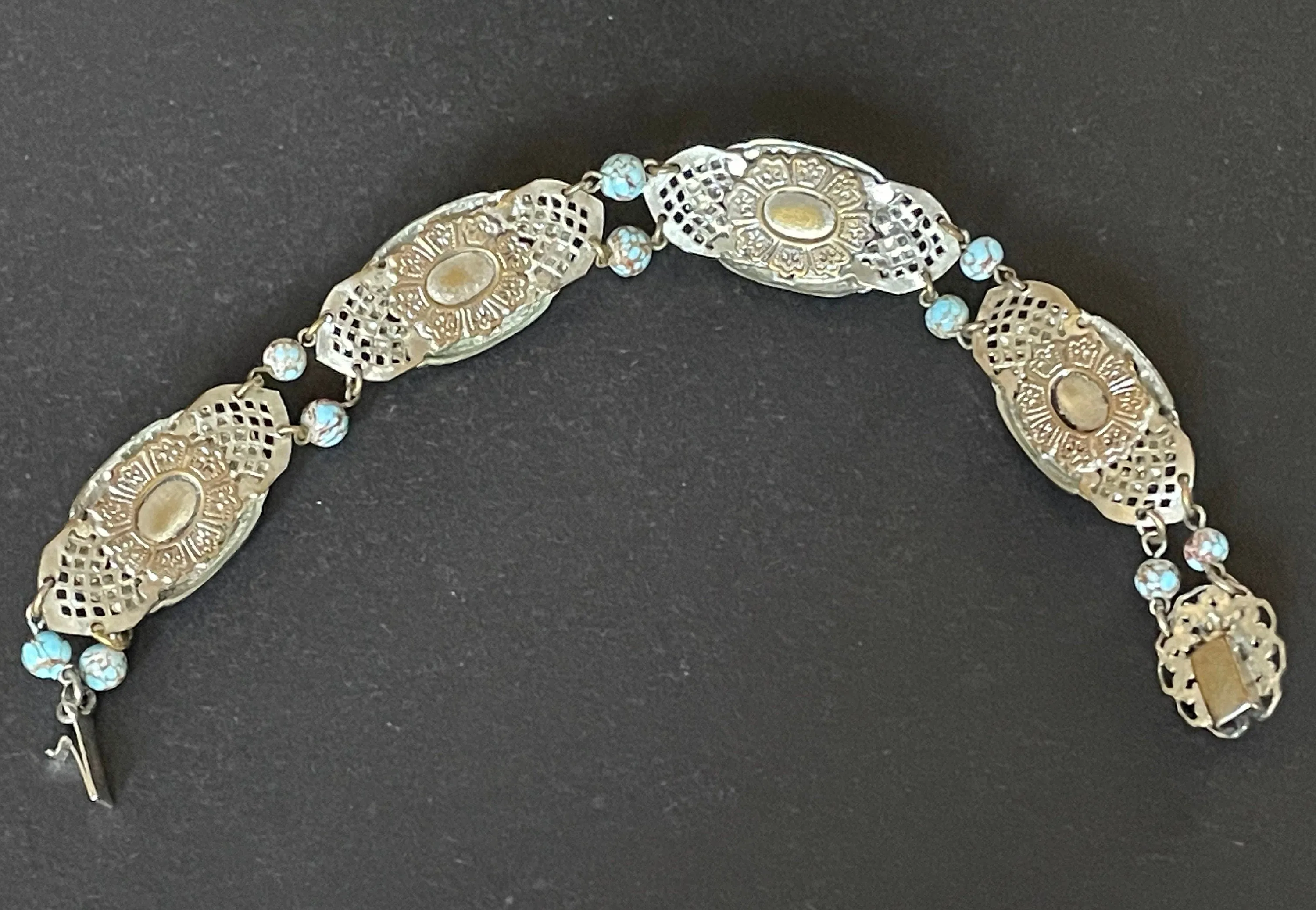 Vintage Art Deco Czech turquoise blue glass cabochon, paste rhinestone and marcasite silver tone filigree panel bracelet, Neiger style