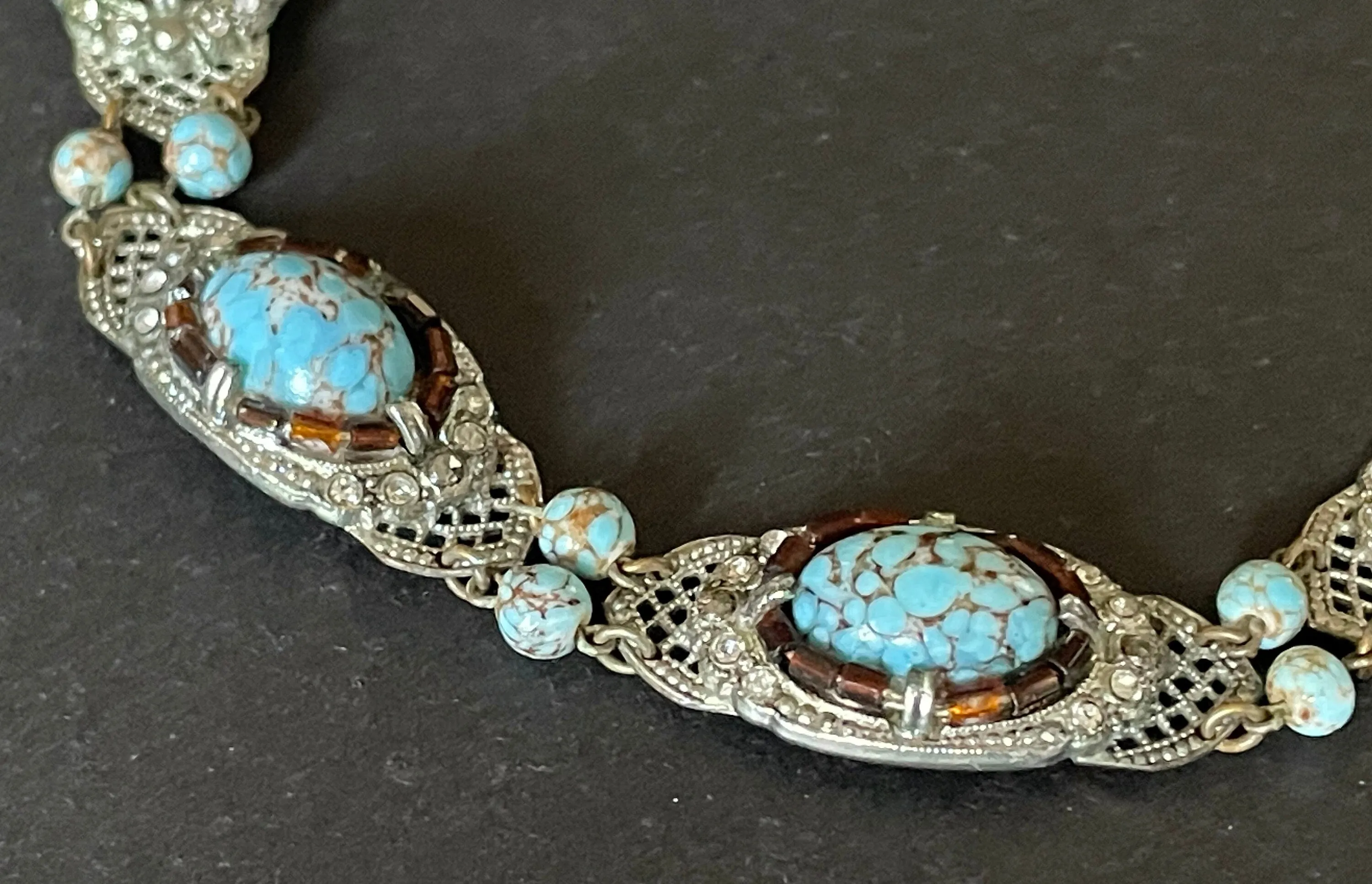 Vintage Art Deco Czech turquoise blue glass cabochon, paste rhinestone and marcasite silver tone filigree panel bracelet, Neiger style